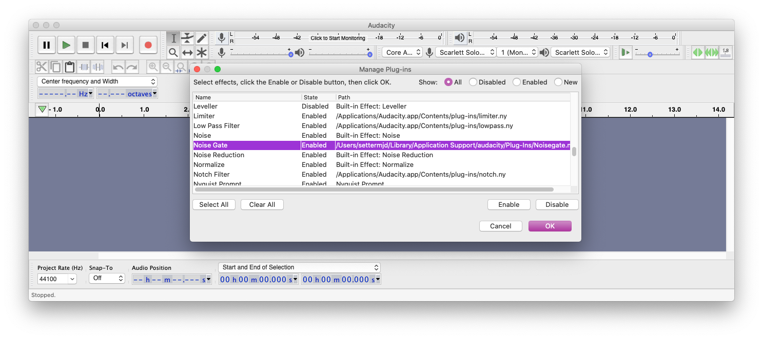 Enabling Audacity’s Noise Gate plugin