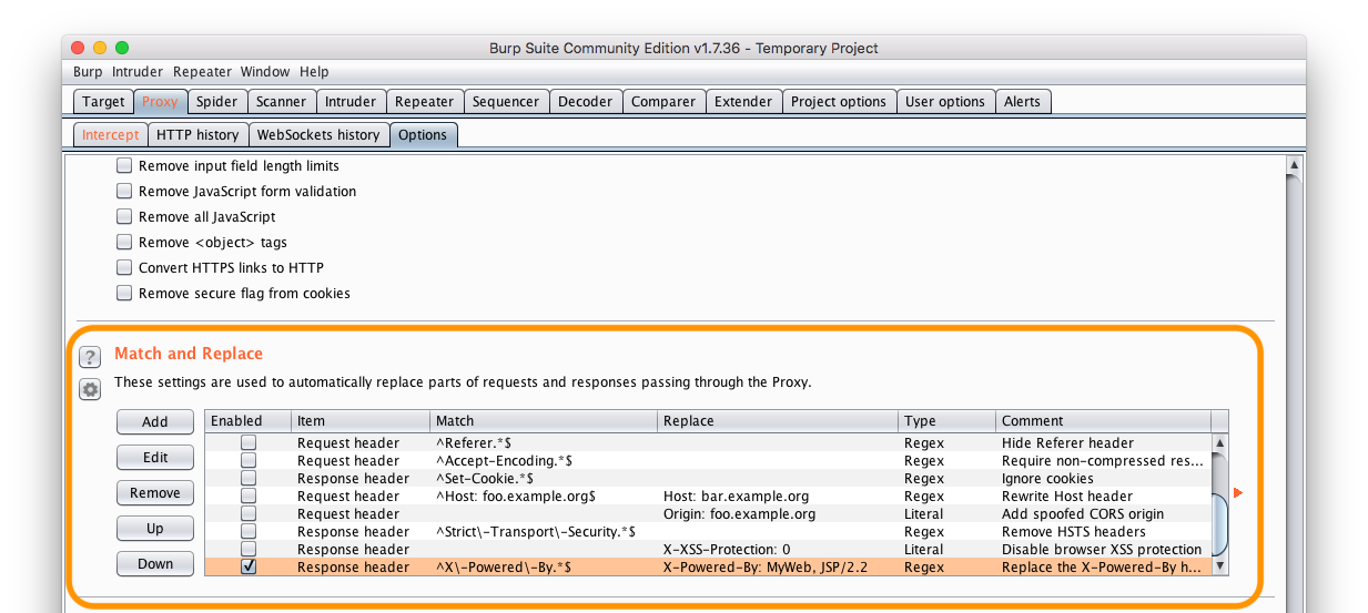 Burp Suite’s Match and Replace Rule Configuration window