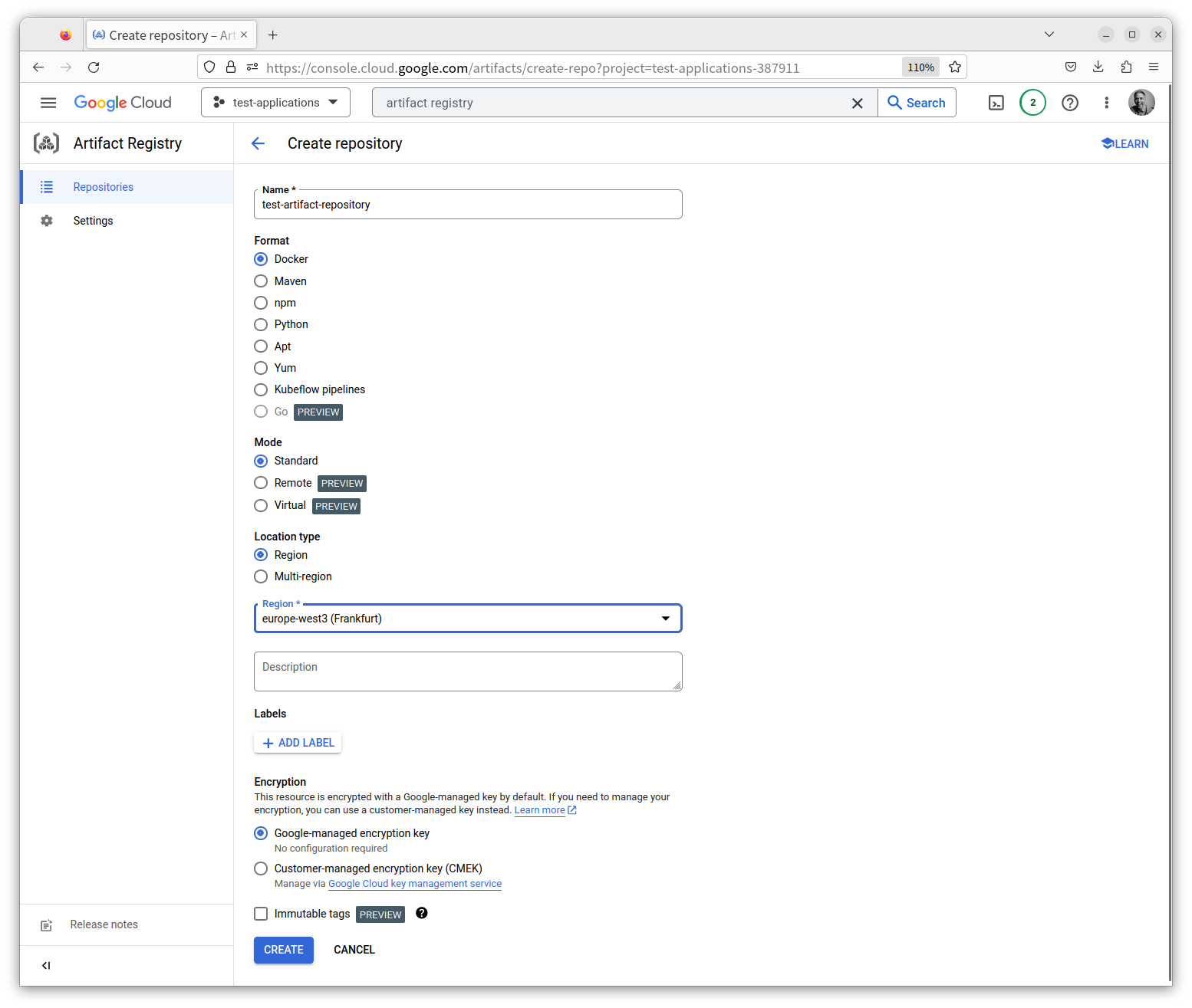 Artifact Registry - Create repository