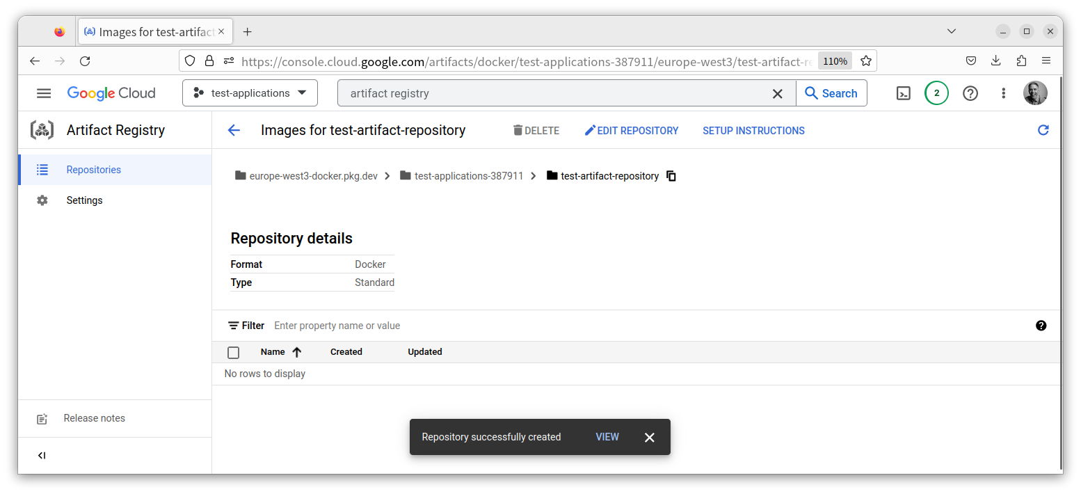 Artifact Registry - Created repository