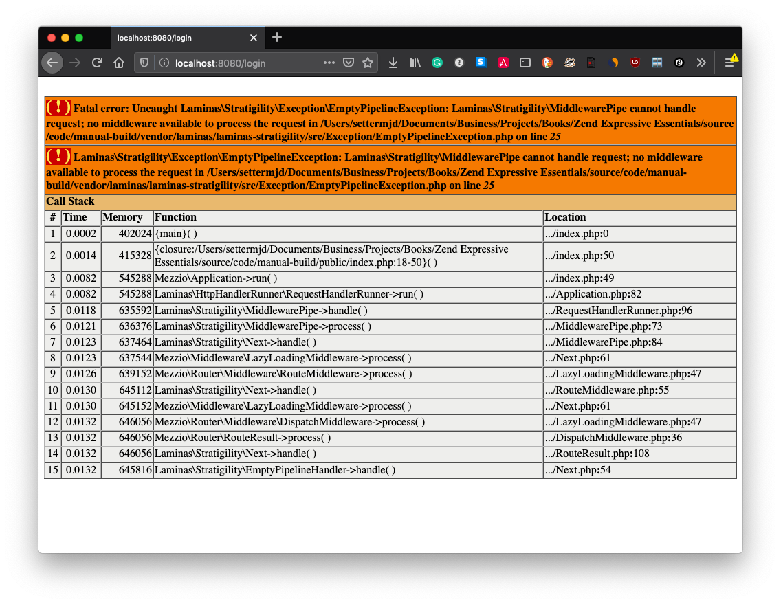 The Mezzio application fails because it cannot handle undefined routes