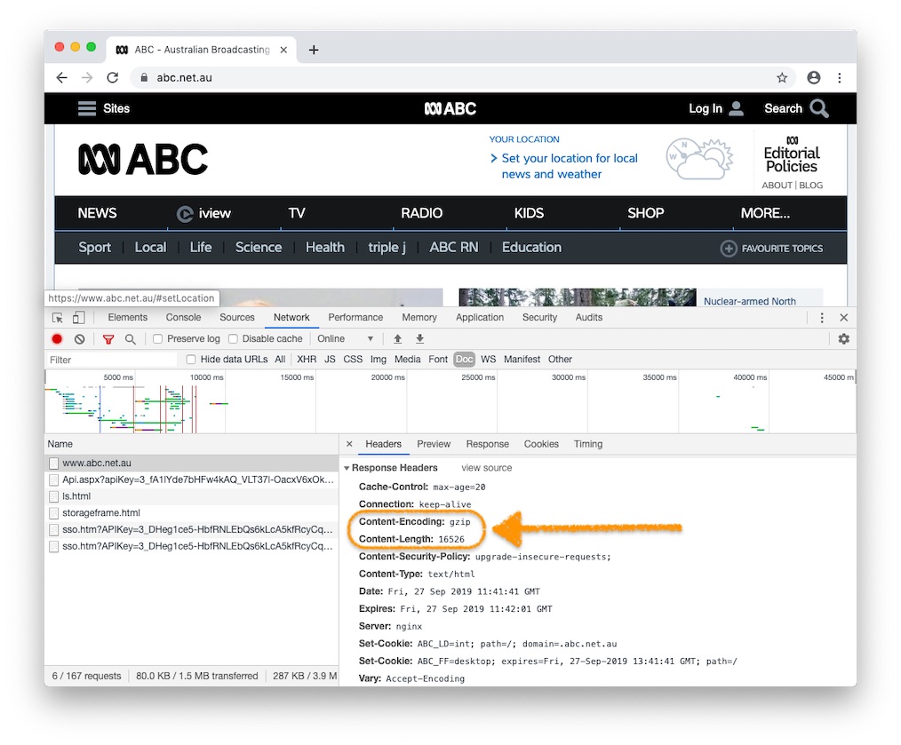 Viewing HTTP response headers in Google Chrome for https://abc.net.au