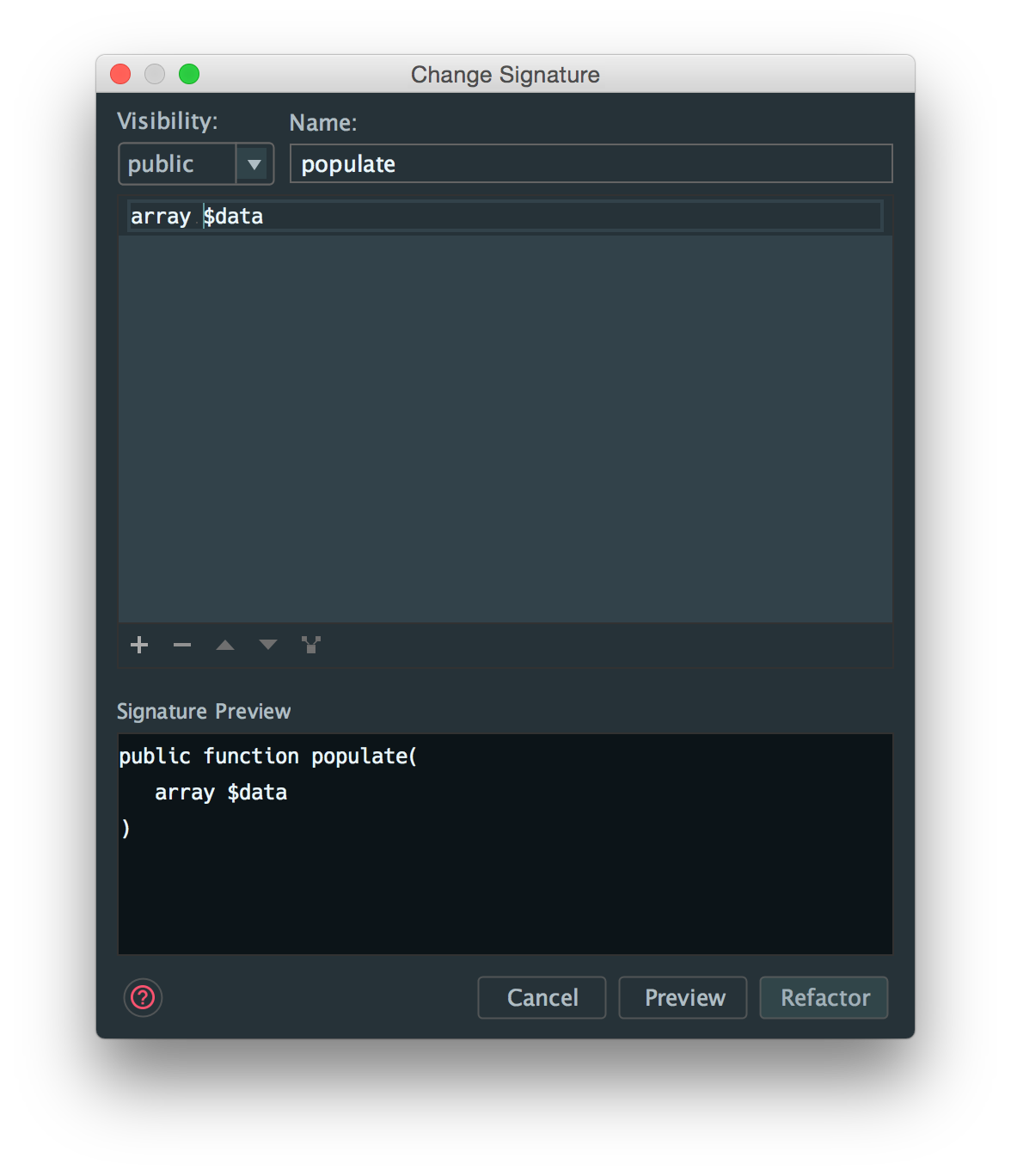 PhpStorm’s change signature refactor dialog