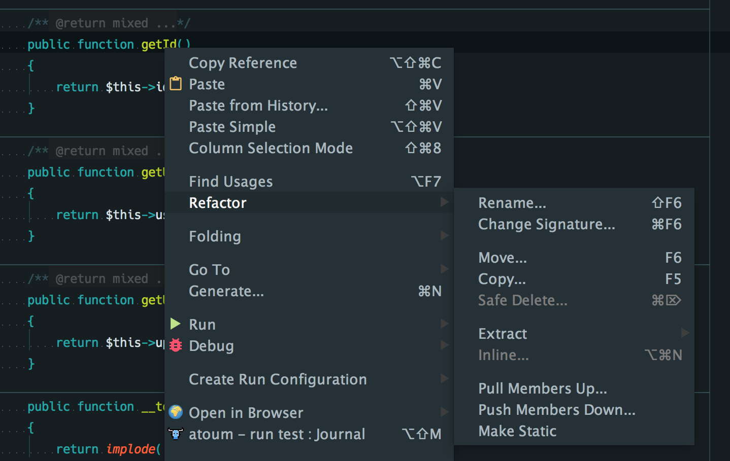 Refactoring with PhpStorm: Context-menu refactor of a function’s name