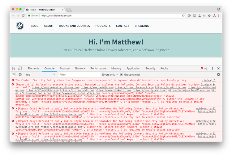 Content Security Policy (CSP) rendered in Chrome’s Developer Tools